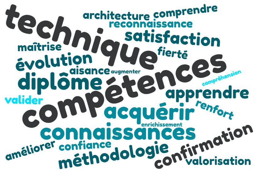 nuage de mots sur les apports de la formation, les mots clés suivants sont très mis en avant : compétences ,technique, satisfaction connaissance, diplôme, ...